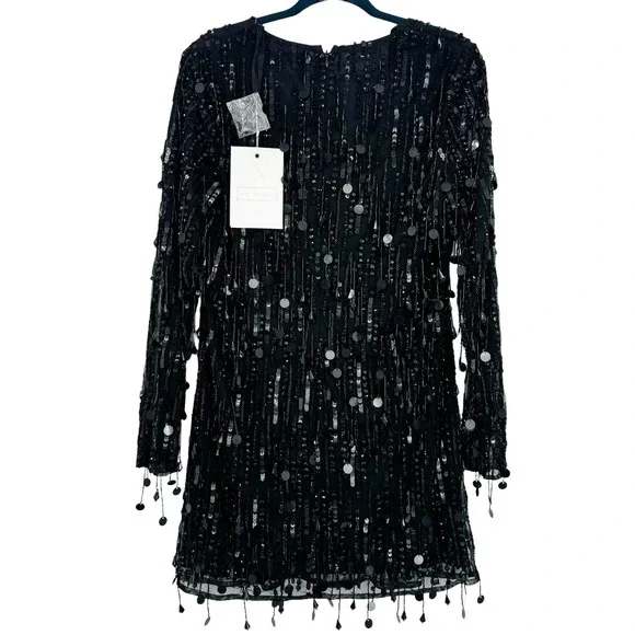 Mac Duggal Sheer Sleeve Fringes Cocktail Dress Black Size 12 NWT - Picture 6 of 12